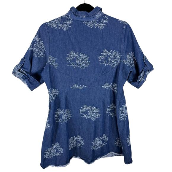 Nina Leonard Floral Embroidered Cuffed Sleeve Half Button Up Cotton Dress Sz 14 - Picture 2 of 8